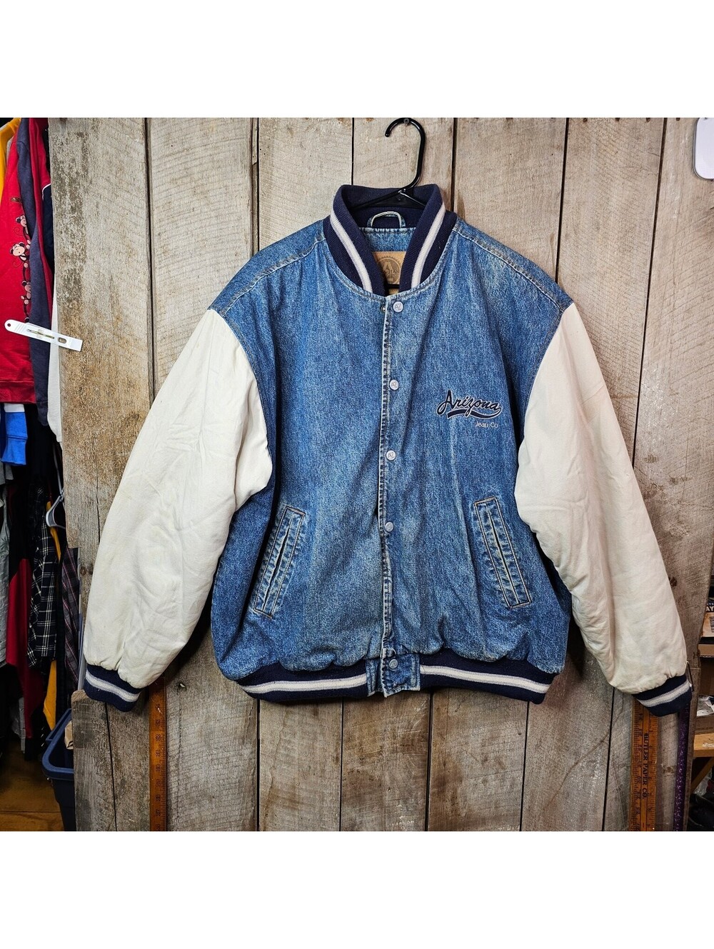 Vintage Arizona Jean Co. Men's Large Denim Varsity Bomber Jacket Two Tone Snap
